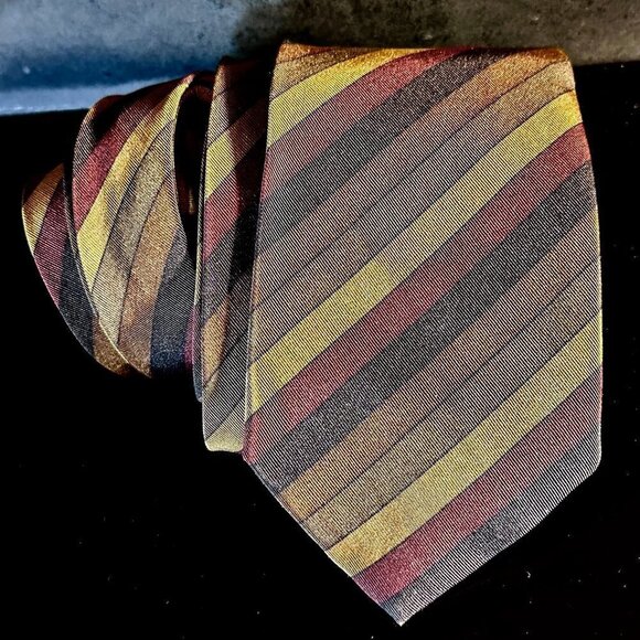 Yves Saint Laurent YSL Mens Tie Silk Neckwear Striped Neutral Red Gray Brown - Picture 5 of 6
